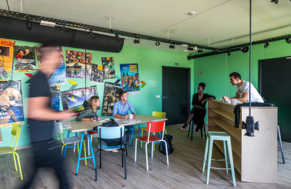 Students studying together in the study café of Bro Upkot Ghent.