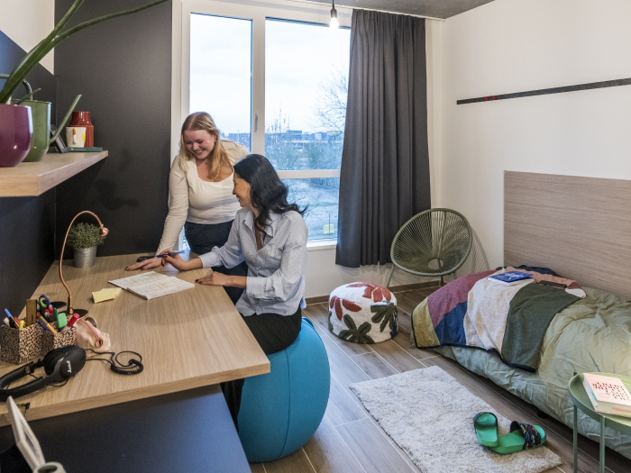 Studenten die samen blokken in een studentenkamer in Yum Upkot in kortrijk.